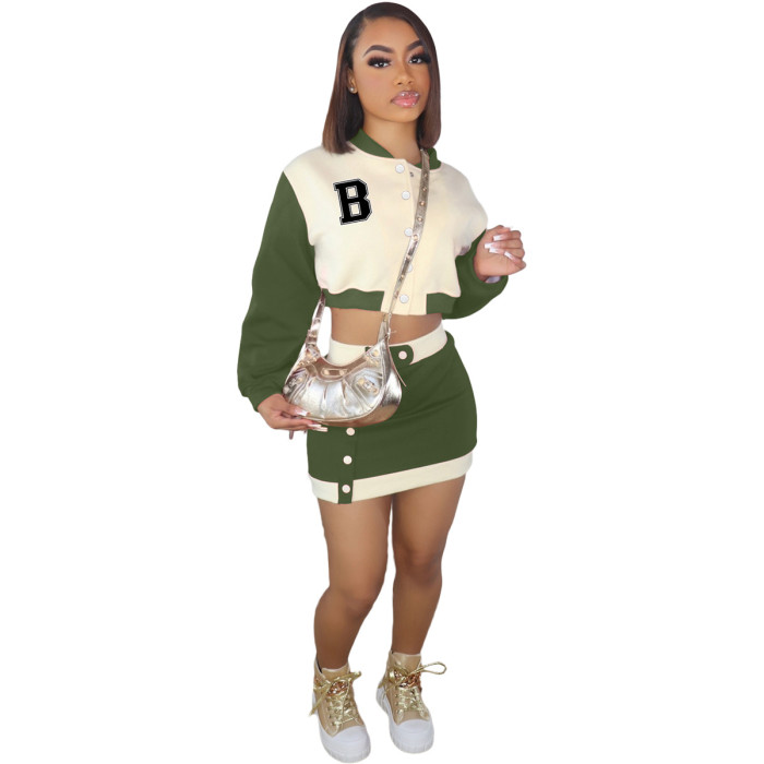 Long Sleeve Baseball Jacket Sports Casual Skirt Two-Piece Fashion Suit