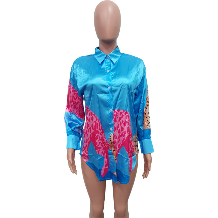 Womens Colorblock Leopard Print Button-Up Shirt Dress