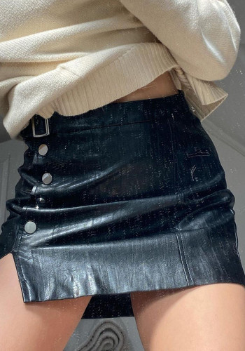 Women Sexy Crinkled PU-Leather Skirt