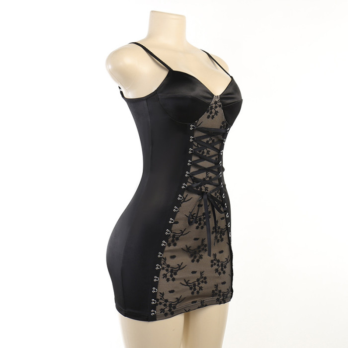 Women Casual Lace Patchwork Plunging Lace-Up Bodycon Dress