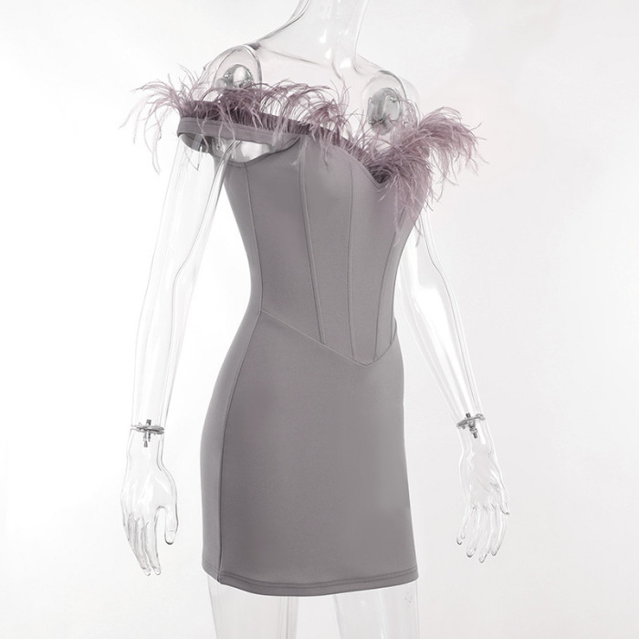Women Fall Fur Off Shoulder Bodycon Dress