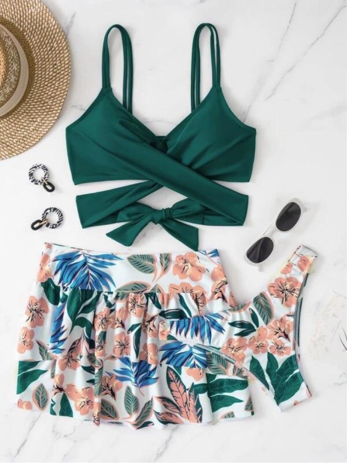 Women Three-Piece Skirt Swimsuit Cross Lace Printing Short Skirt Swimwear