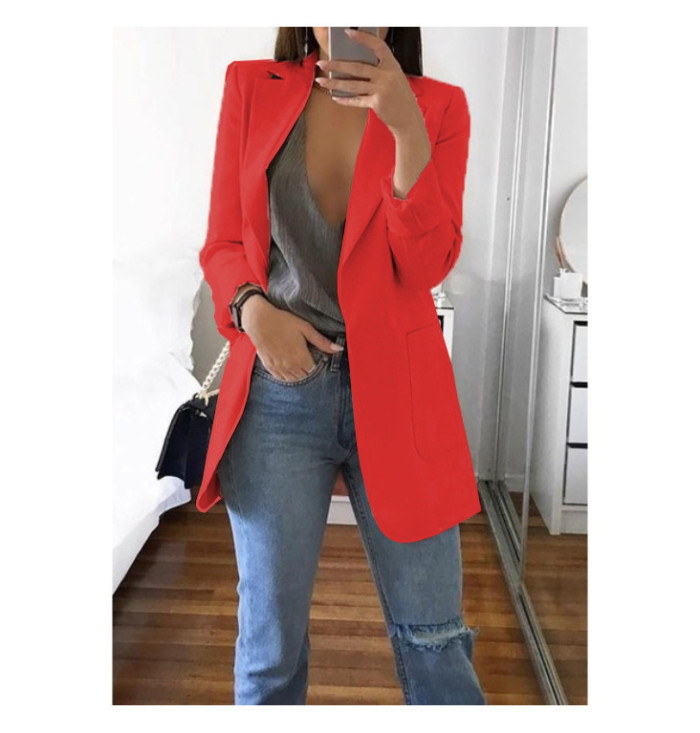 Fall Winter Solid Color Turndown Collar Slim Cardigan Chic Blazer