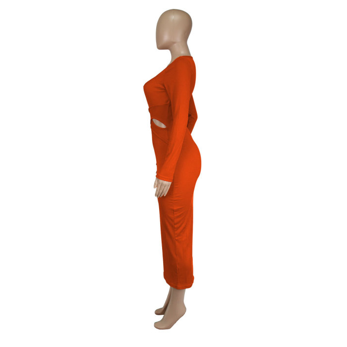 Autumn And Winter Ribbed Deep V-Neck Sexy Hollow Slim Dress