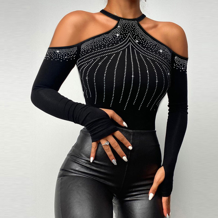 Women's Fashion Off Shoulder Beaded Long Sleeve Top