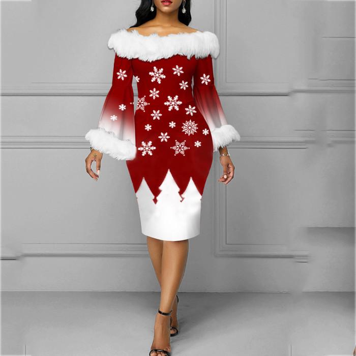 Christmas Women Long Sleeve Bodycon Dress