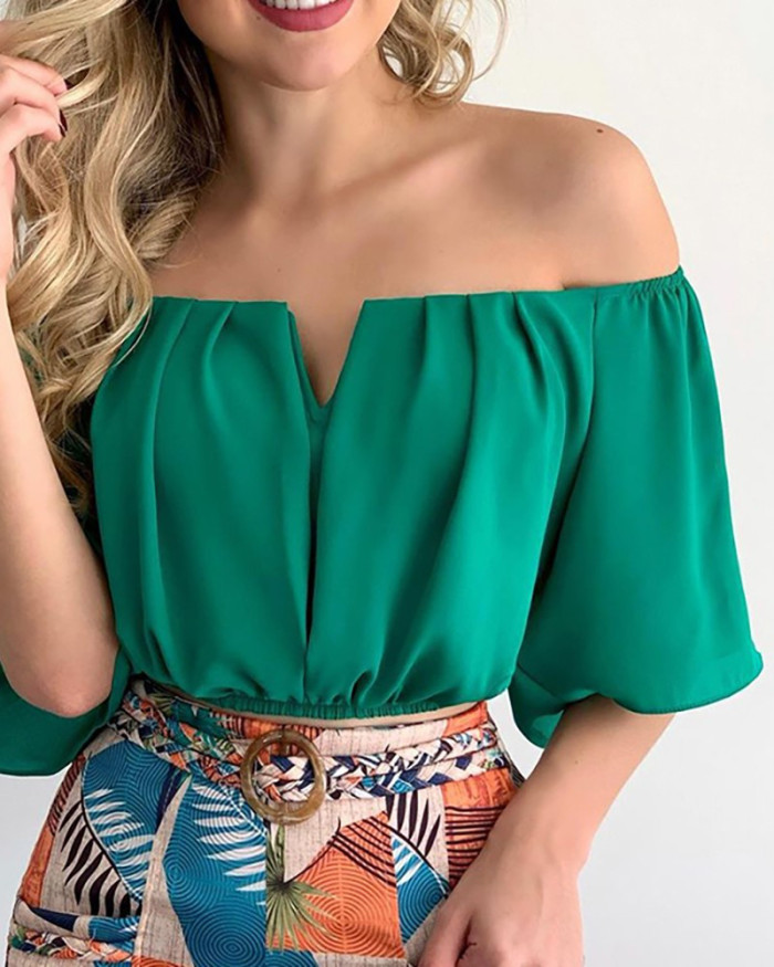 Women's Off Shoulder V-Neck Short Sleeve Set Printed Shorts