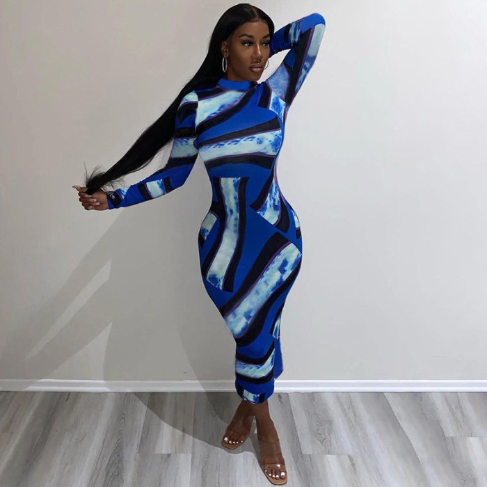 Women Color Block Print Round Neck Long Sleeve Maxi Dress