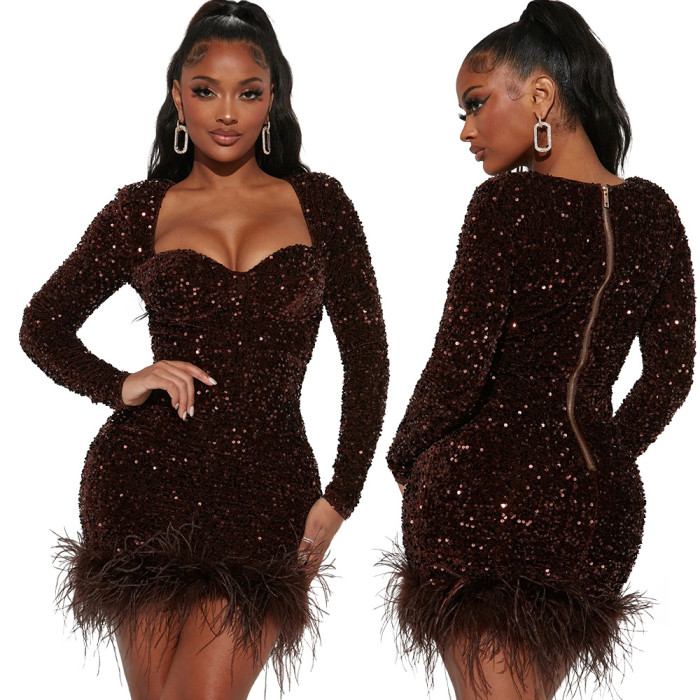 Women's Sexy See-Through Beaded Dress Long Sleeve Feather Jumpsuit