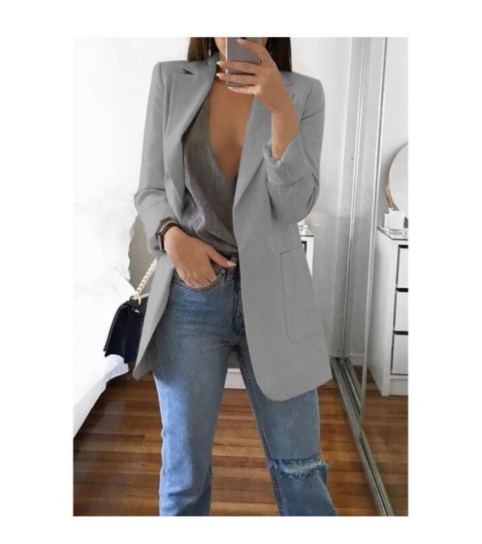 Fall Winter Solid Color Turndown Collar Slim Cardigan Chic Blazer
