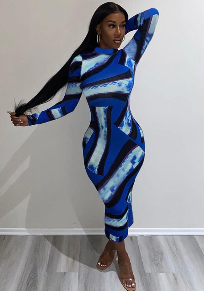 Women Color Block Print Round Neck Long Sleeve Maxi Dress