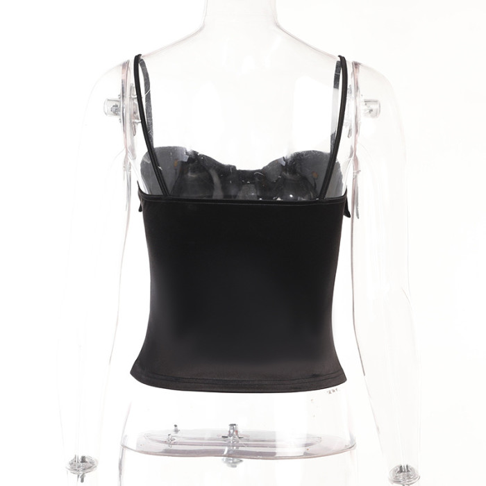 Women Slim Turndown Collar satin Tank Top