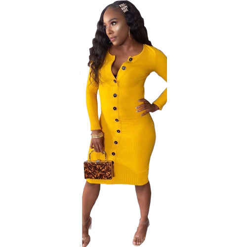 Women's Sexy Solid Color Ribbed Button Dress