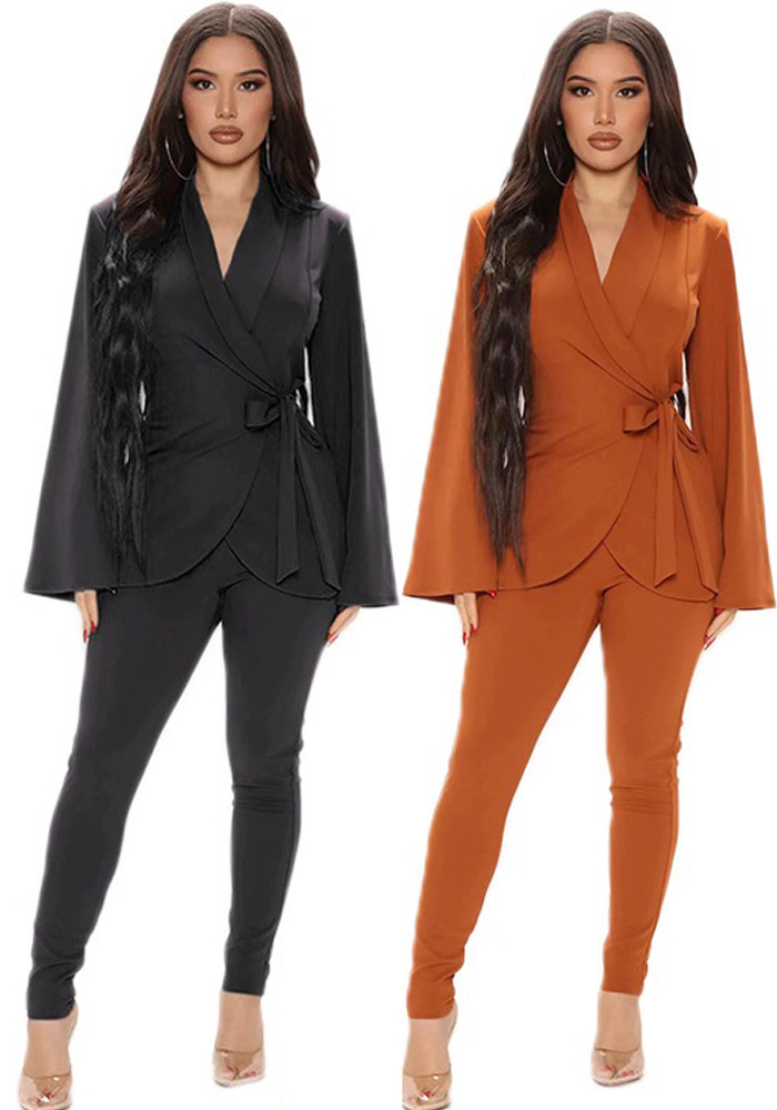 Women'S Clothes Solid Color Bell Bottom Sleeve Waist Belt Fashion Suit For Women