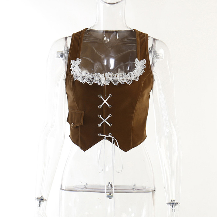 Women Fall Lace Vest Lace-Up Corset Top