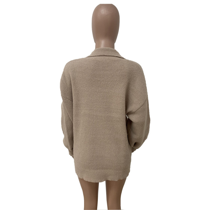 Women'S Winter Loose Pocket Turndown Collar Button Up Sweater Dress