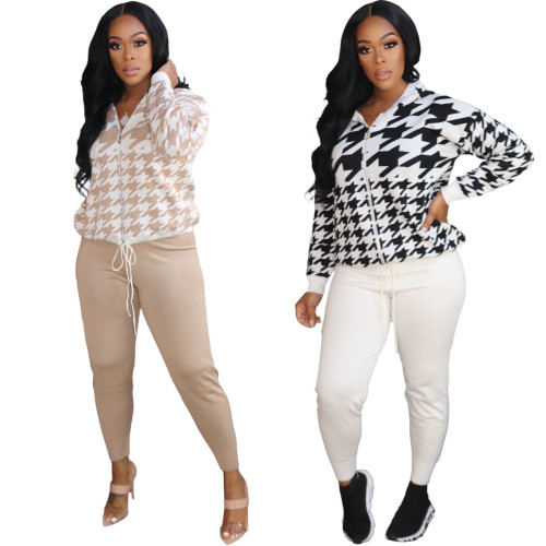 Women's Fall Positioning Print Hooded Zip Casual Two-Piece Set