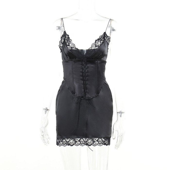 Women Sexy Slim Lace-Up Slit Lace Dress