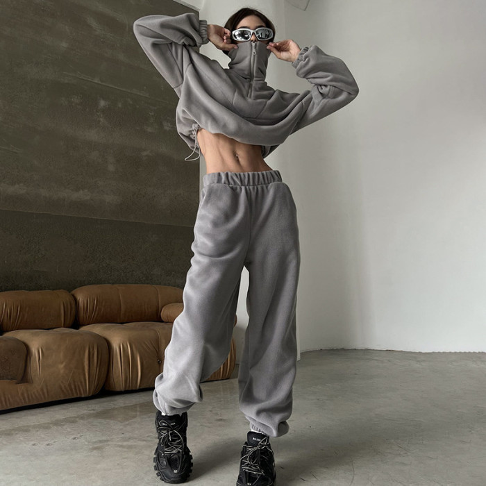 Women Solid Zip Turndown Collar Bungee Cord Long Sleeve Top