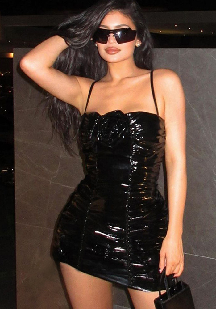 Women's Sexy Mirrored Leather Dress Fashion Sexy Gathered Slim Waist Bodycon Strap Dress