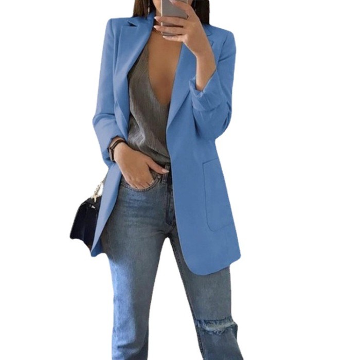 Fall Winter Solid Color Turndown Collar Slim Cardigan Chic Blazer