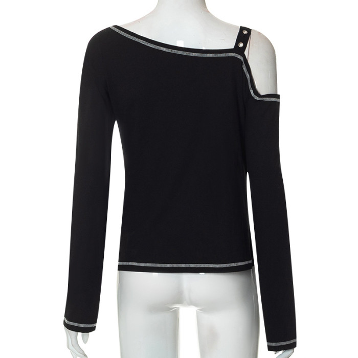 Women Vintage Print Pu-Leather Buckle Shoulder Strap Slash Shoulder 3/4 Sleeve Top