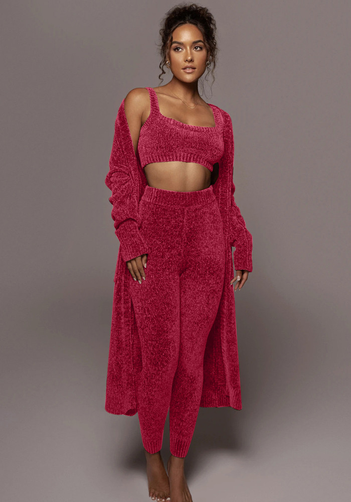 Women Casual Fleece Coat crop top and pant 3 Piece set