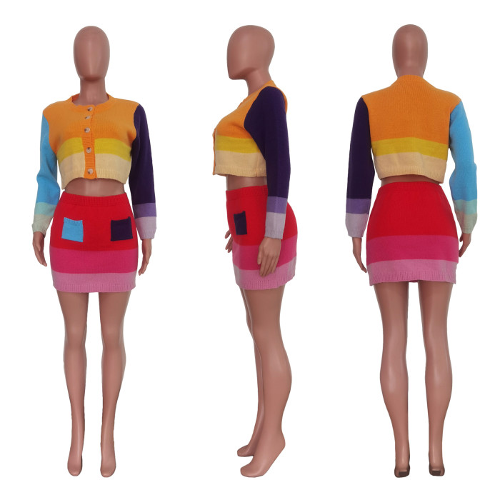 Women Casual Knitting Contrast Top and mini Skirt Two Piece