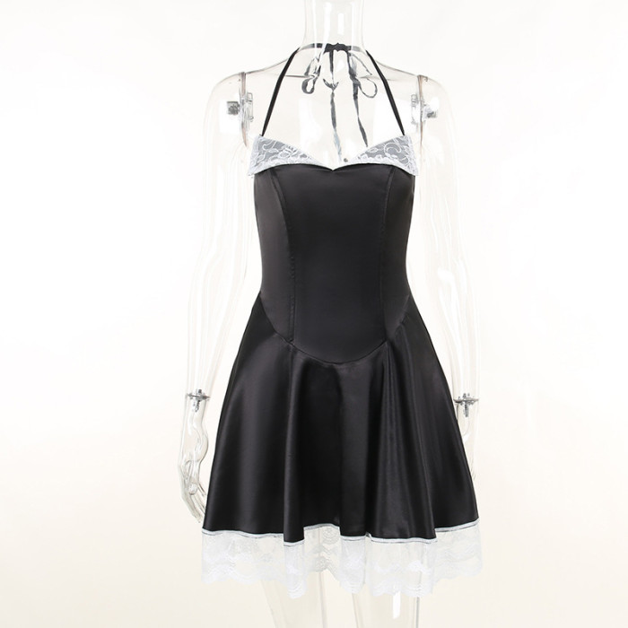 Womens Sexy Halter Neck Strapless Contrast Lace Dress