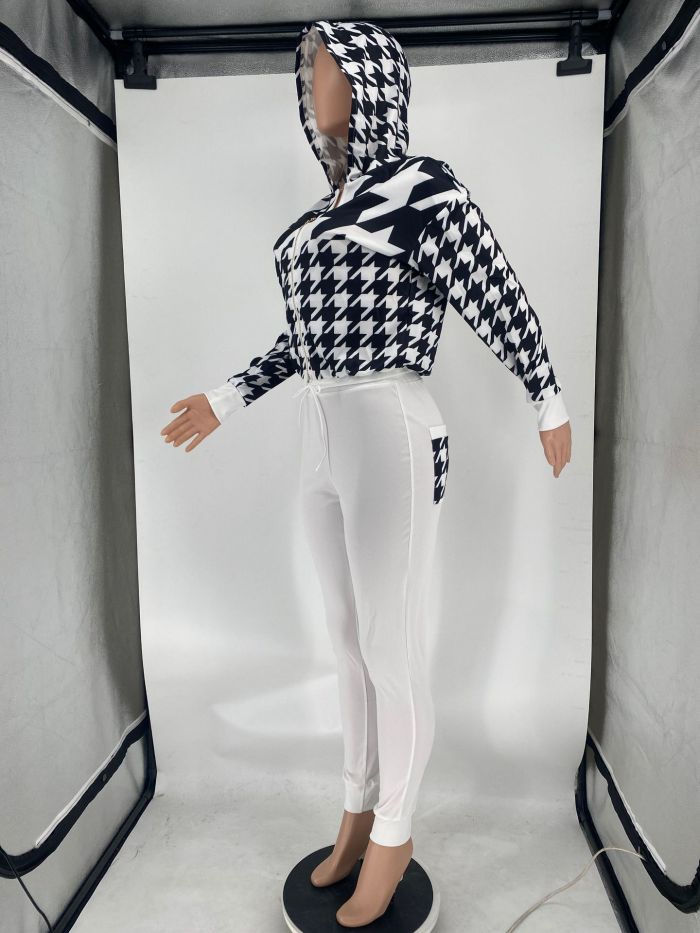 Women's Fall Positioning Print Hooded Zip Casual Two-Piece Set