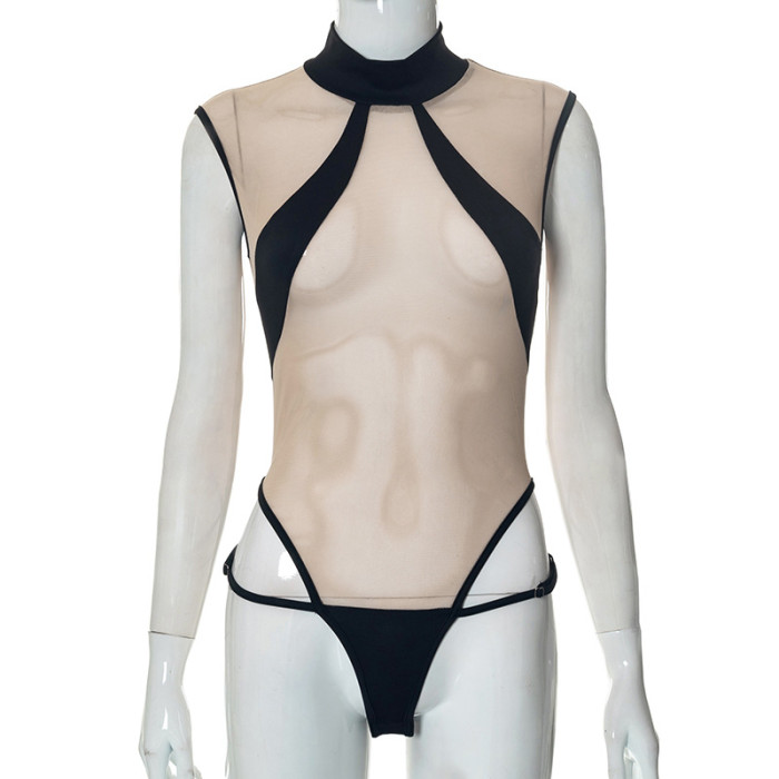Women's Autumn Fashion Sexy Mesh See-Through Cutout Tight Fitting Jumpsuit