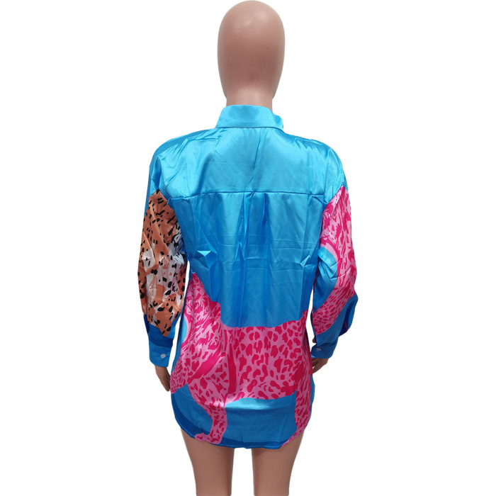 Womens Colorblock Leopard Print Button-Up Shirt Dress