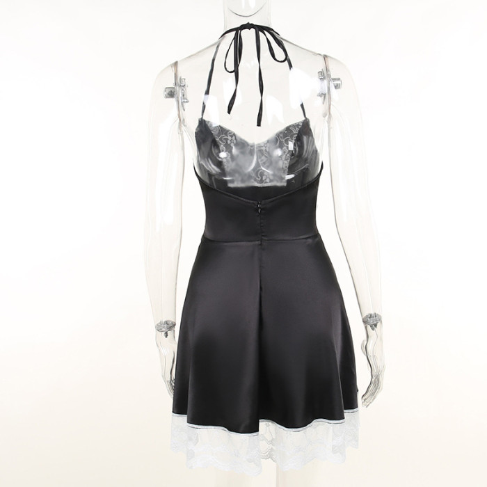Womens Sexy Halter Neck Strapless Contrast Lace Dress