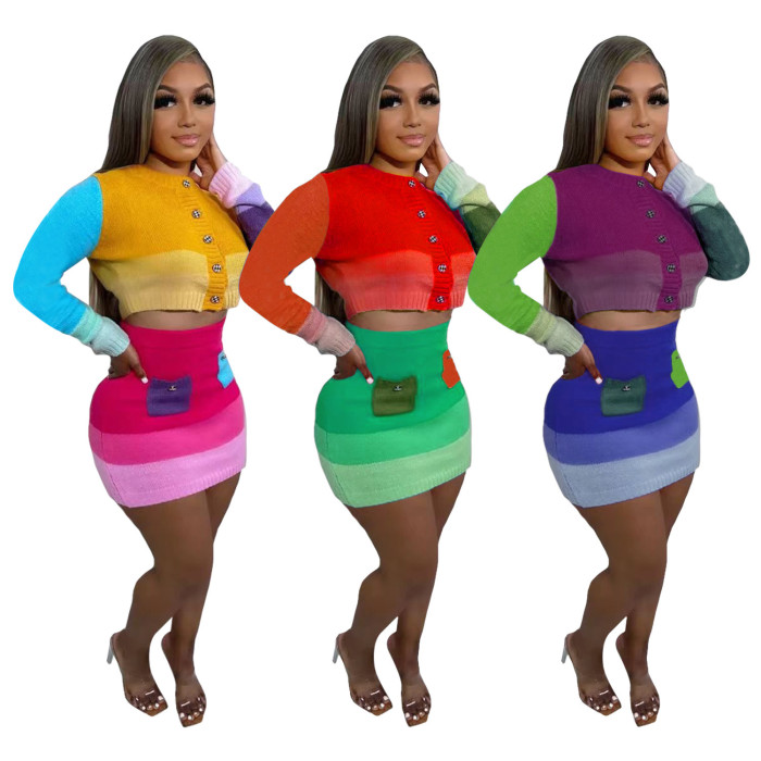 Women Casual Knitting Contrast Top and mini Skirt Two Piece