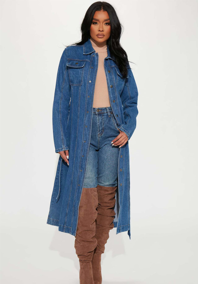 Women'S Coat Autumn Winter Fashion Loose Fit Denim Long Shirt With Belt