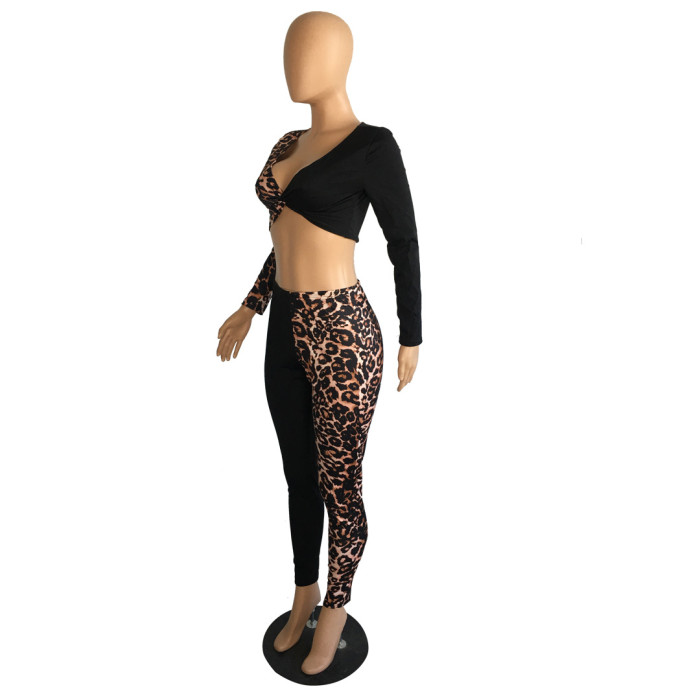 Womens Long Sleeve Leopard Patchwork Top and Pant Two Piece