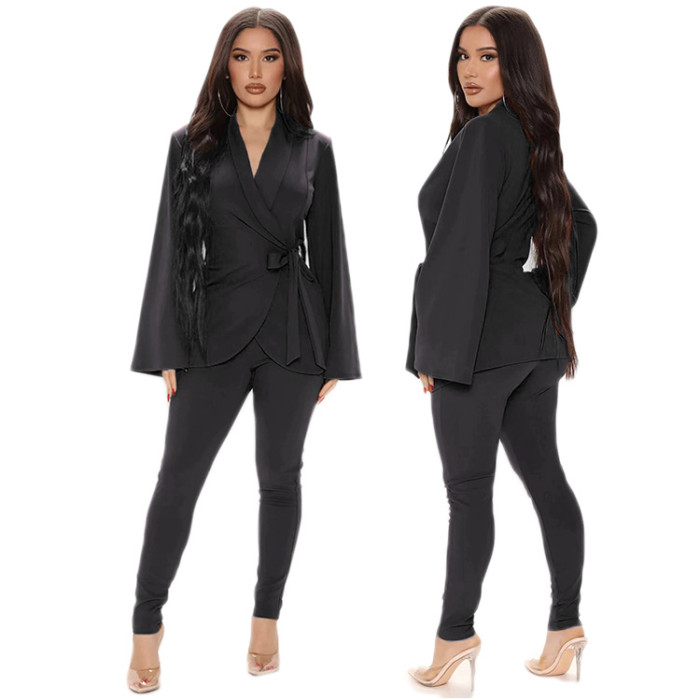 Women'S Clothes Solid Color Bell Bottom Sleeve Waist Belt Fashion Suit For Women
