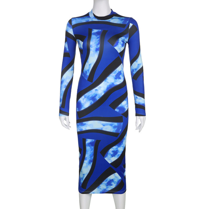 Women Color Block Print Round Neck Long Sleeve Maxi Dress