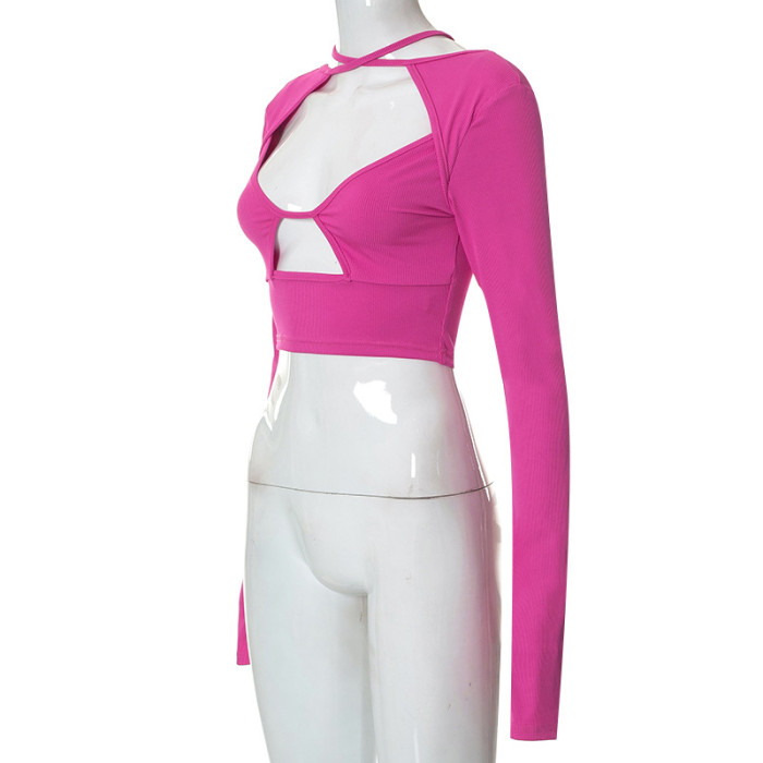 Women Fall Solid Color Long Sleeve Cutout Crop Top