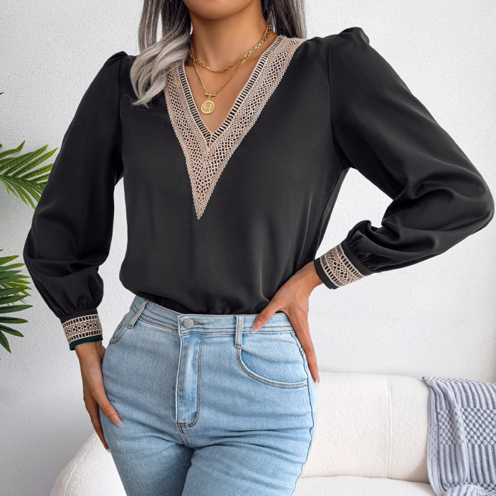 Women Lace V-Neck Long Sleeve Shirt
