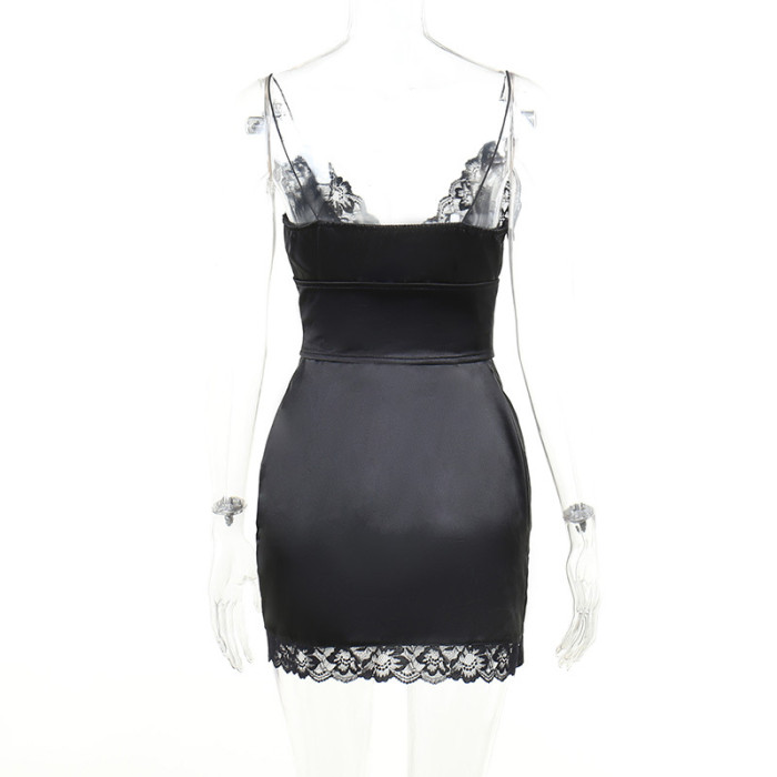 Women Sexy Slim Lace-Up Slit Lace Dress