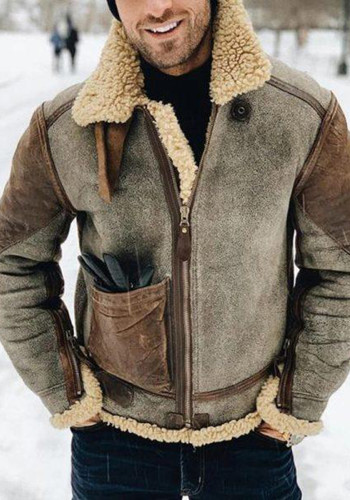 Faux Leather Men's Coat Winter Warm Turndown Collar Contrasting Color Fur Jacket