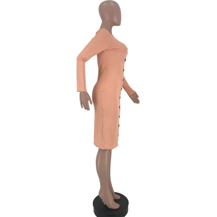 Women's Sexy Solid Color Ribbed Button Dress
