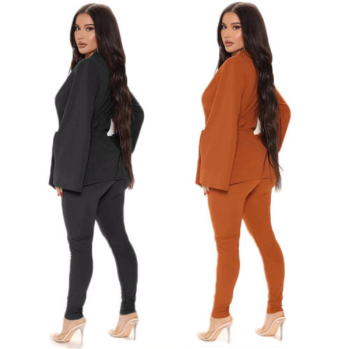 Women'S Clothes Solid Color Bell Bottom Sleeve Waist Belt Fashion Suit For Women