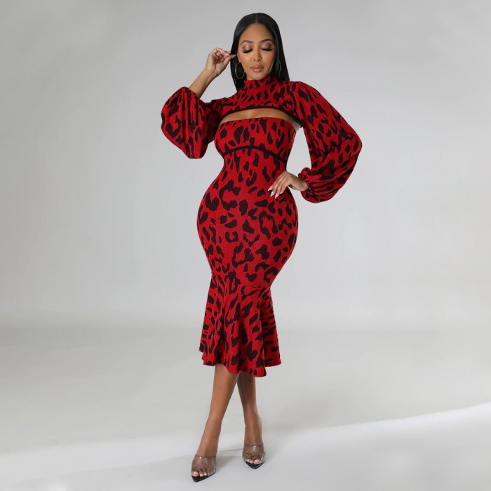 Women'S Autumn Leopard Print Puff Sleeve Cape Top Strapless Mermaid Dress Two-Piece Set
