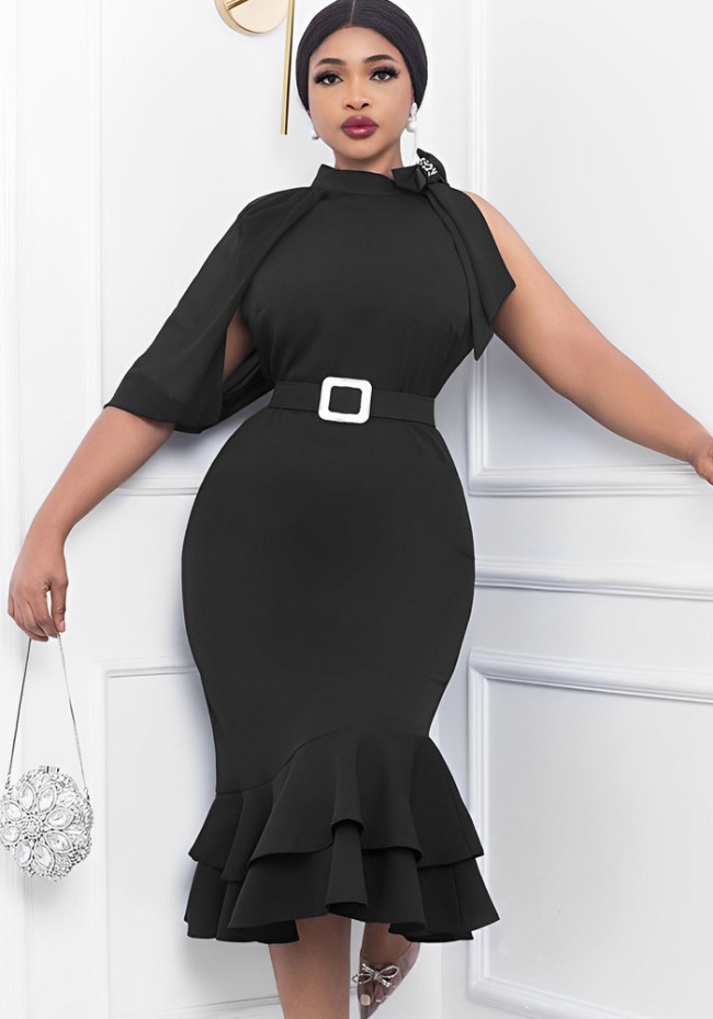 Women African Turtleneck Bow Belted Fishtail Skirt