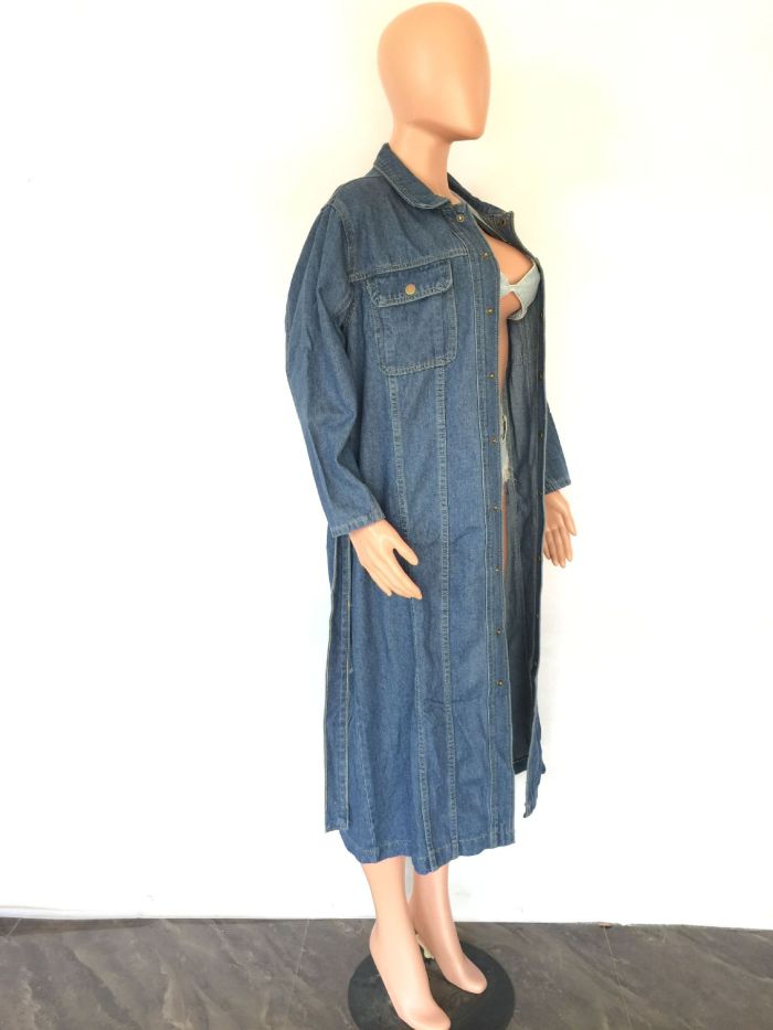 Women'S Coat Autumn Winter Fashion Loose Fit Denim Long Shirt With Belt