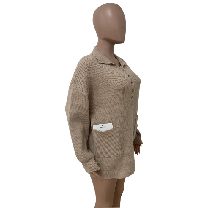 Women'S Winter Loose Pocket Turndown Collar Button Up Sweater Dress