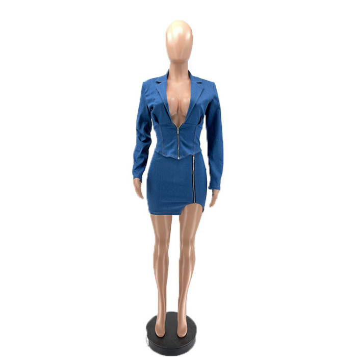Women'S Fall Winter Suit Turndown Collar Sexy Slim Zipper High Stretch Denim Two Piece Skirt Set