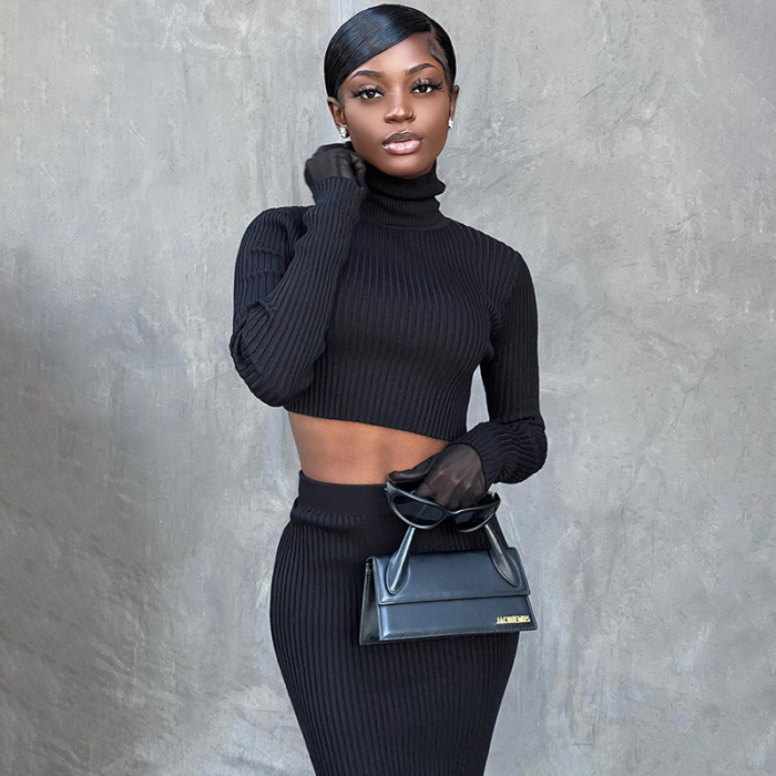 Women's Fall Sexy Crop Long Sleeve Bodycon Two-Piece Suit